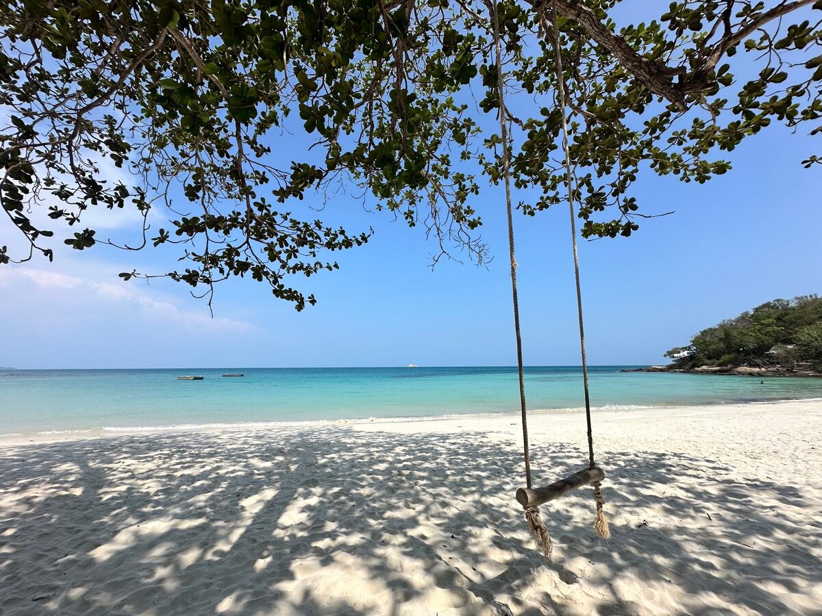 白い砂浜と青い海、木陰のブランコがあるビーチ